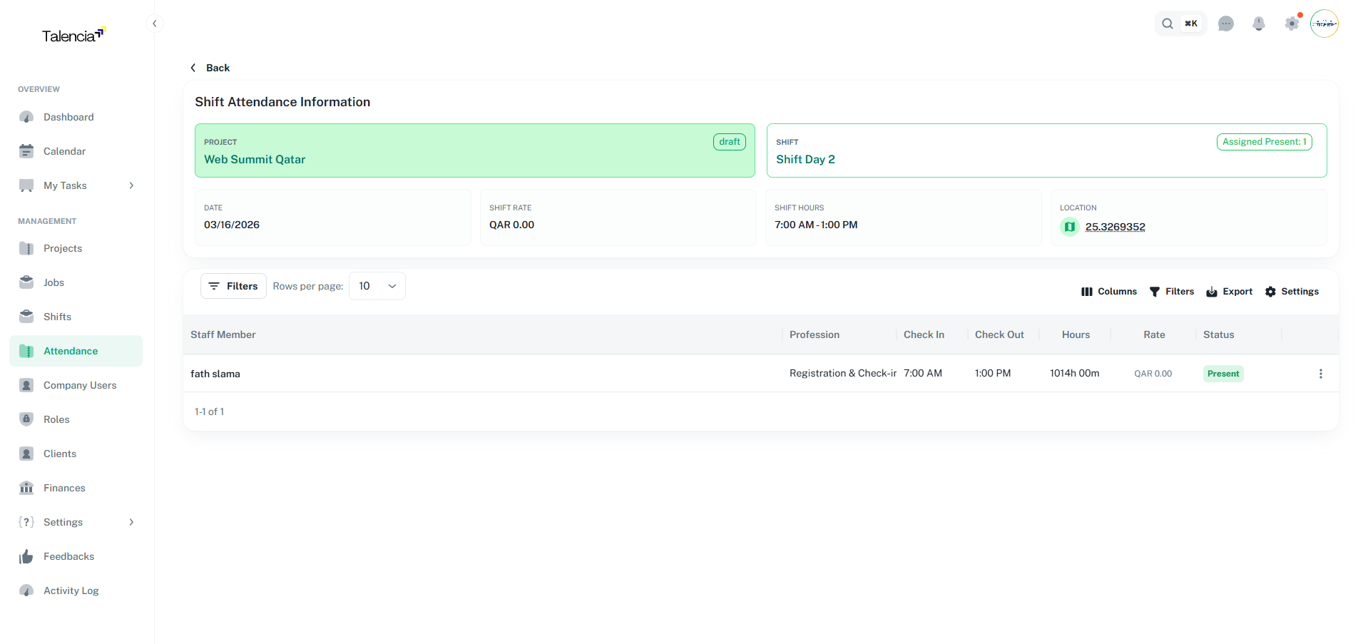 Attendance Details Interface