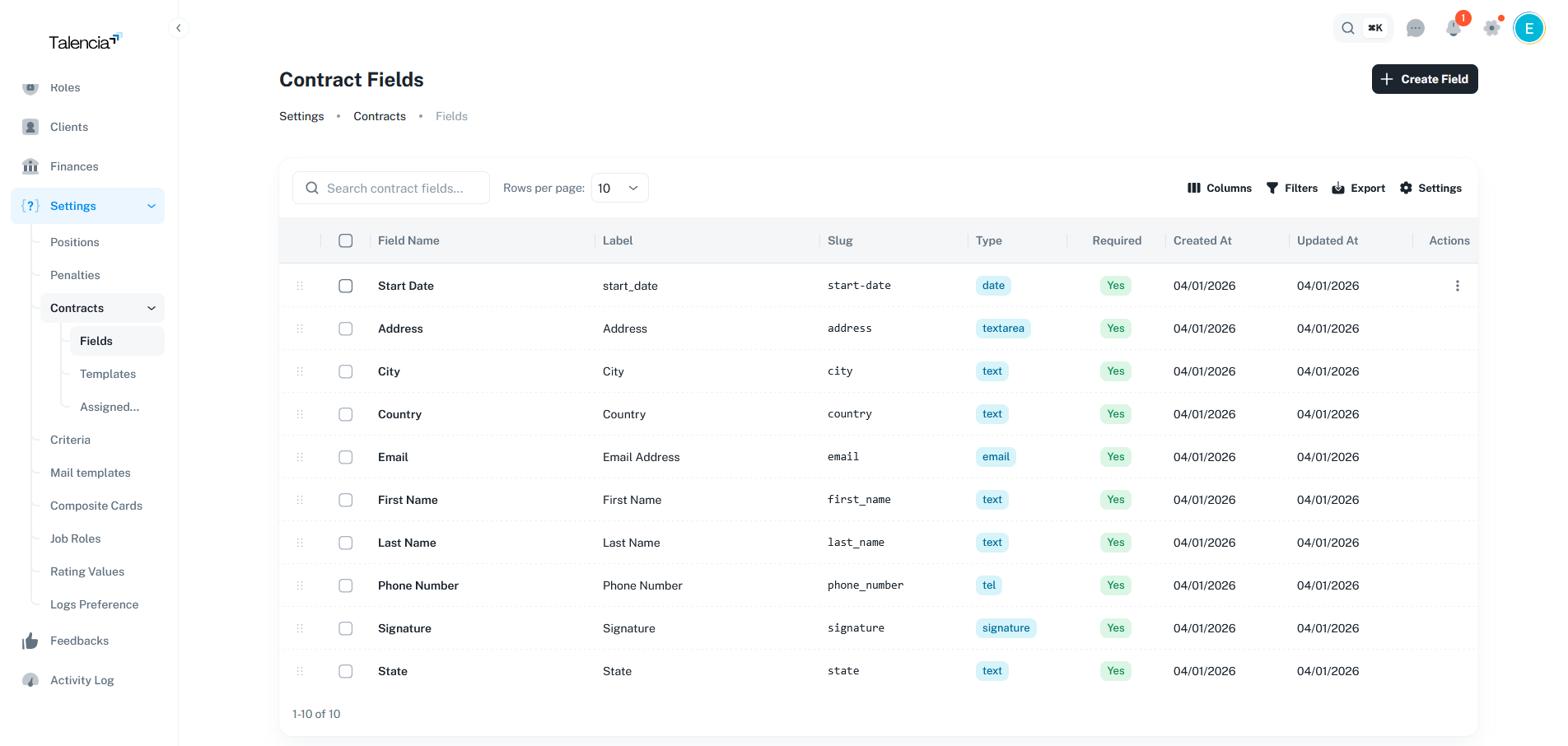 Contract Fields List