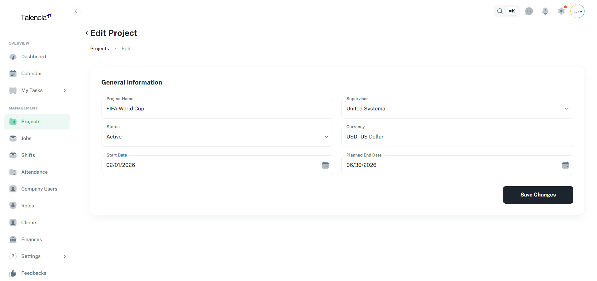 Edit Project Interface